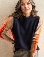 Dames trui retro chique ontwerp blauw en oranje - elegante kleurblokken jumper voor casual outfits