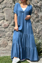 Dames tiered maxi jurk met korte mouwen - flatterende v-hals casual zomeroutfit