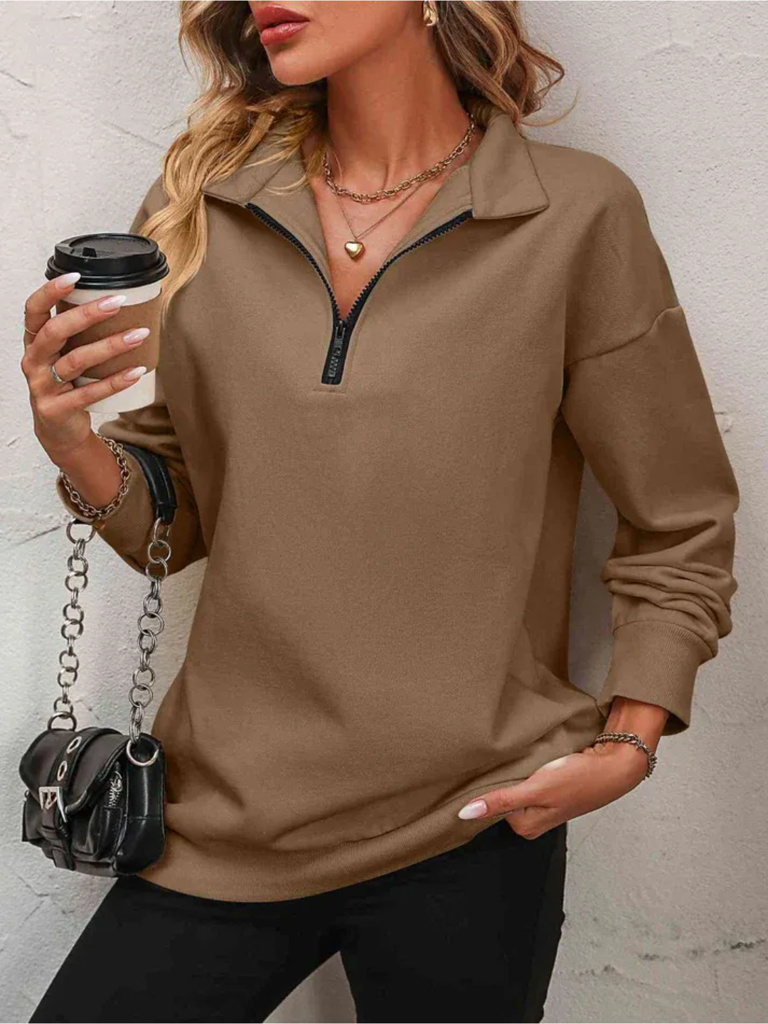 Dames zip-up sweater - relaxte fit casual jumper - zachte lange mouwen top