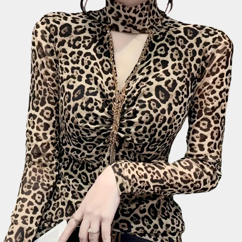 Leopardprint blouse - trendy bruin dames top met lange mouwen