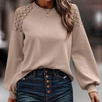 Khaki damespullover - stijlvolle gebreide top met kantdetails