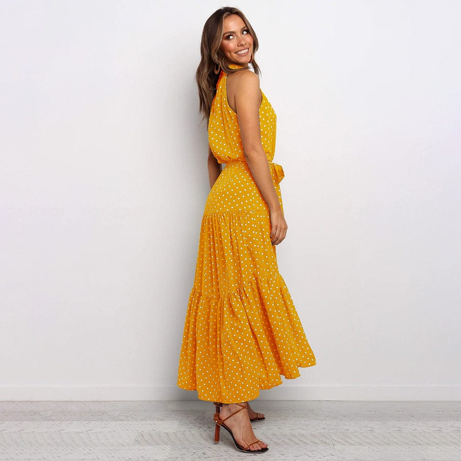 Dames polka dot maxi jurk - elegante halterjurk voor zomerse gelegenheden