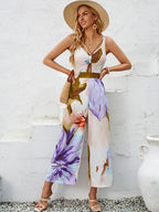 Dames beige bloemen jumpsuit - elegante halternekstijl voor zomerse uitjes