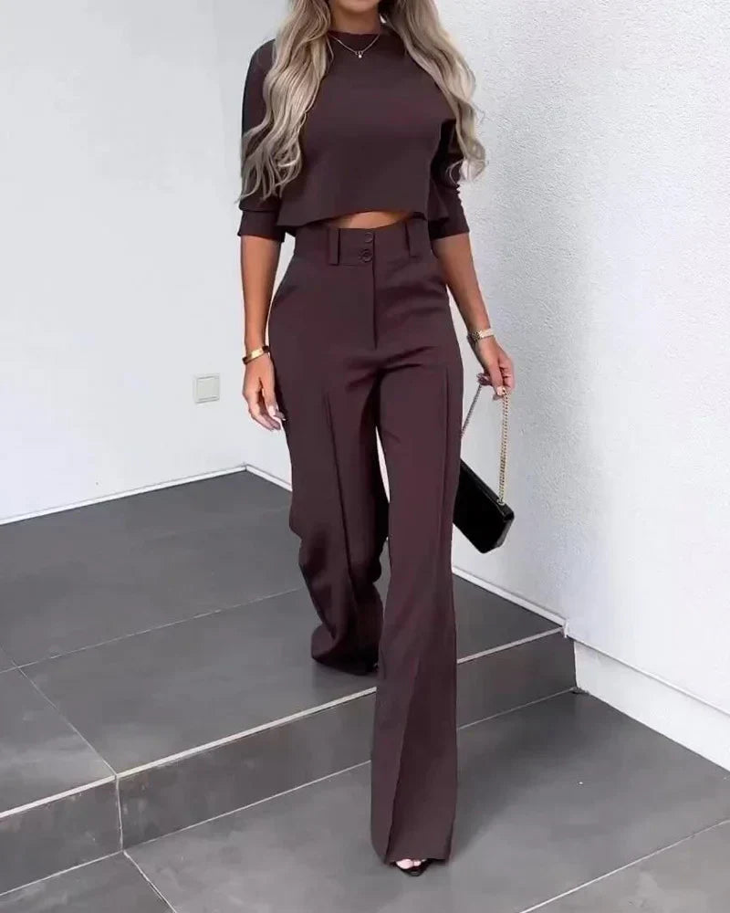 2-delige dames crop top en broek set - elegante kantooroutfit voor moderne vrouwen