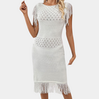 Gebreid jurk - witte dames zomerjurk met franjes