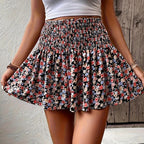 Florale mini rok - kastanjebruine dames rok met ruffle zoom