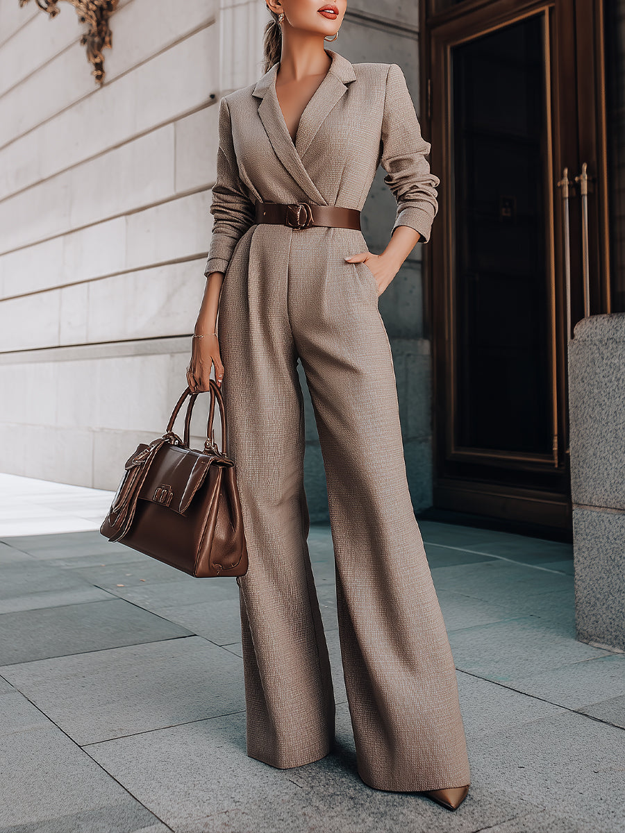 Dames jumpsuit taupe met ceintuur en wijde pijpen - elegante kantoorkleding
