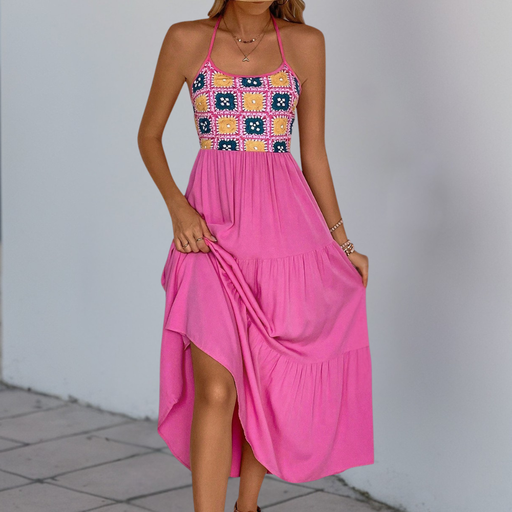 Roze maxi jurk - elegante dames zomerjurk met haakwerk details