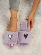 Fluffy pantoffels - dames huis slippers met hartdetail en open teen - Bakkermode.nl