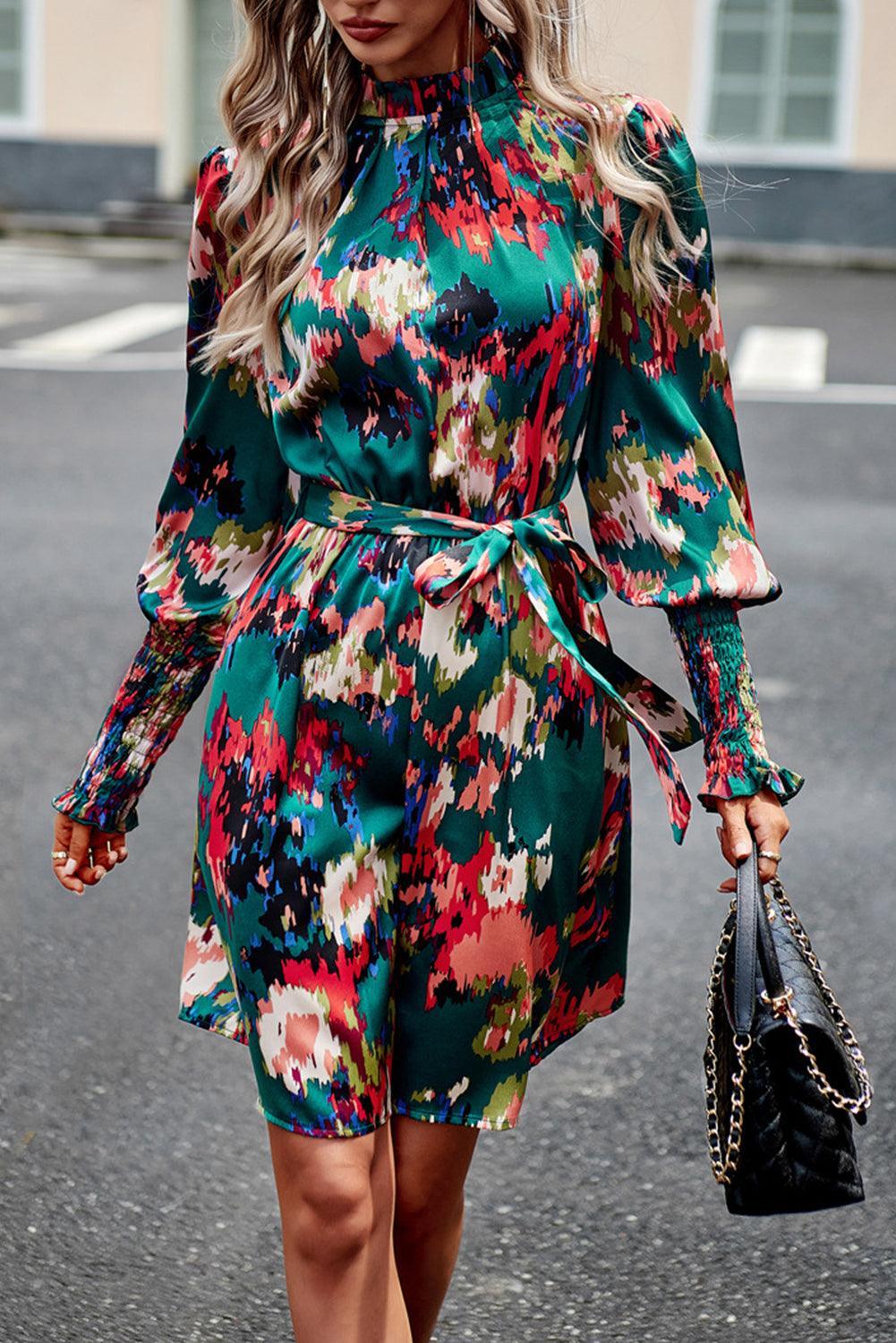 Abstract patroon jurk - elegante groene mini jurk voor vrouwen