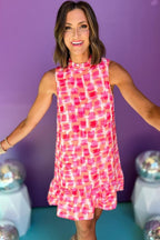 Mouwloze mini jurk - abstracte roze print damesjurk