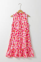 Mouwloze mini jurk - abstracte roze print damesjurk