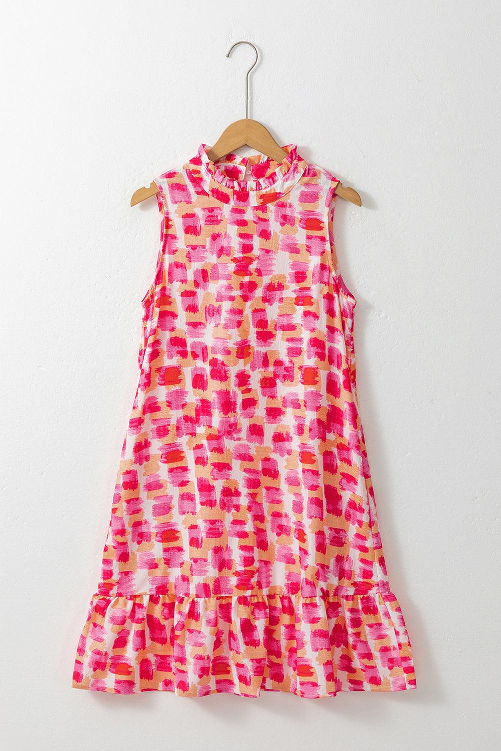 Mouwloze mini jurk - abstracte roze print damesjurk