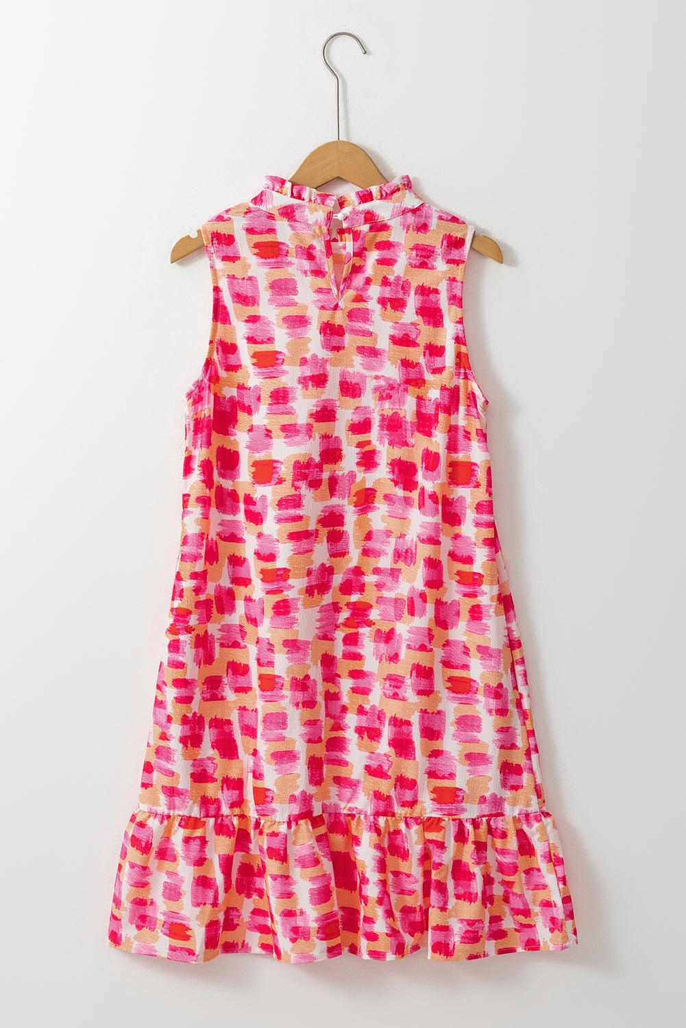 Mouwloze mini jurk - abstracte roze print damesjurk