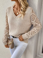 Dames gebreide trui met elegante v-hals - lichtgewicht pullover met kanten mouwen voor casual wear