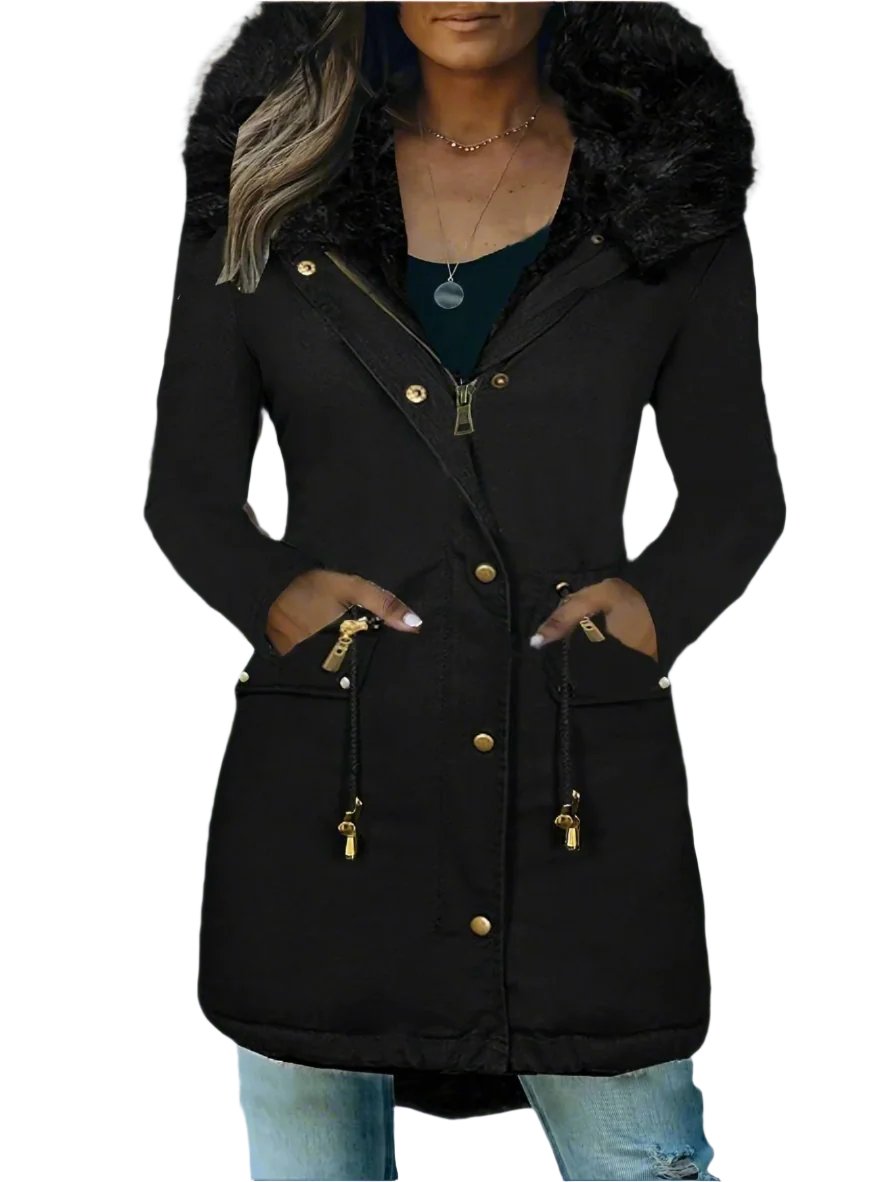 Zwarte bont winterjas voor dames - met capuchon en zakken - Bakkermode.nl