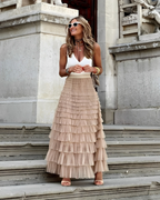 Dames plissé gelaagde beige maxi rok - elegante zomeravond outfit