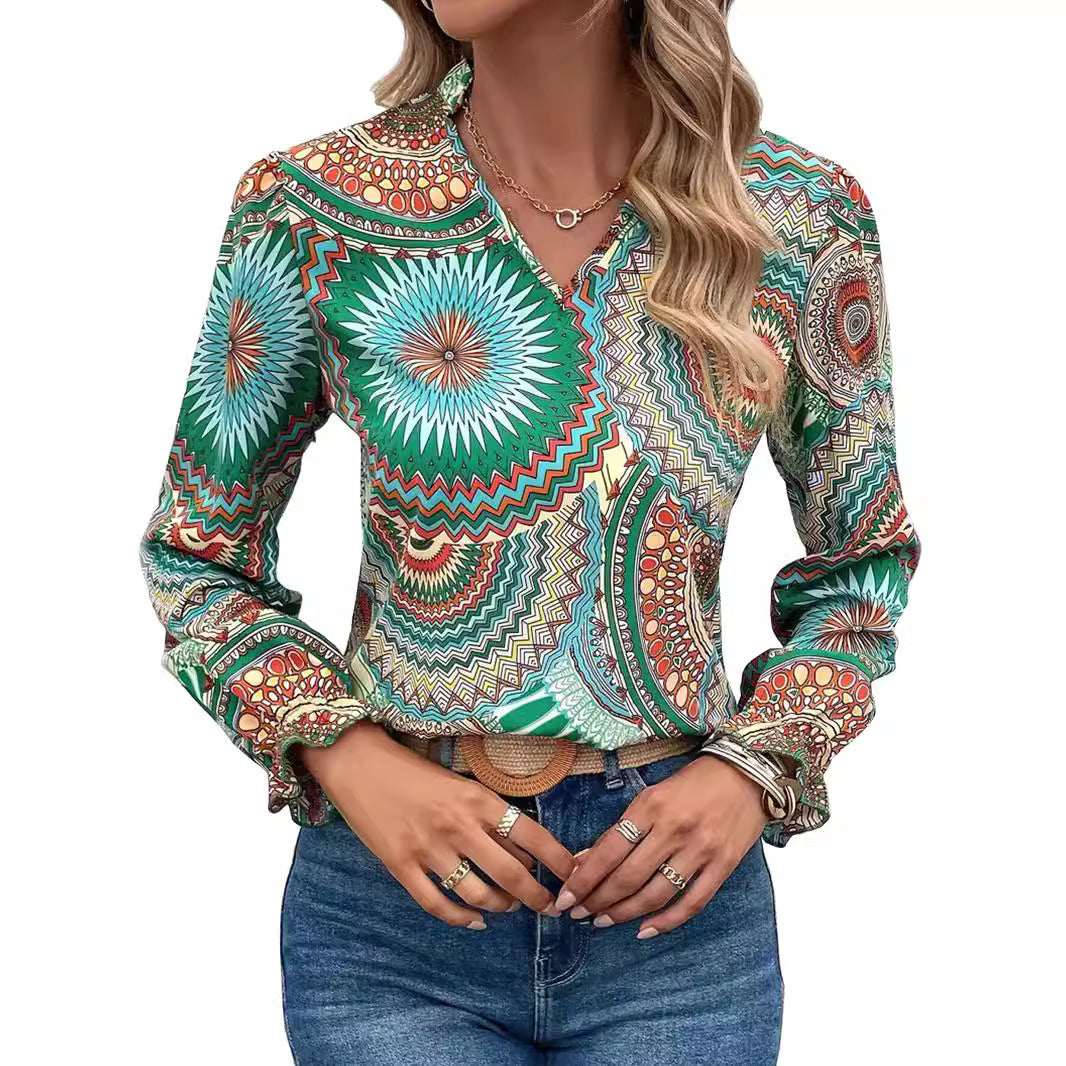 V-hals lange mouwen blouse - dames top met patroon