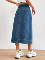 Denim midi rok - koningsblauwe damesrok met strikceintuur
