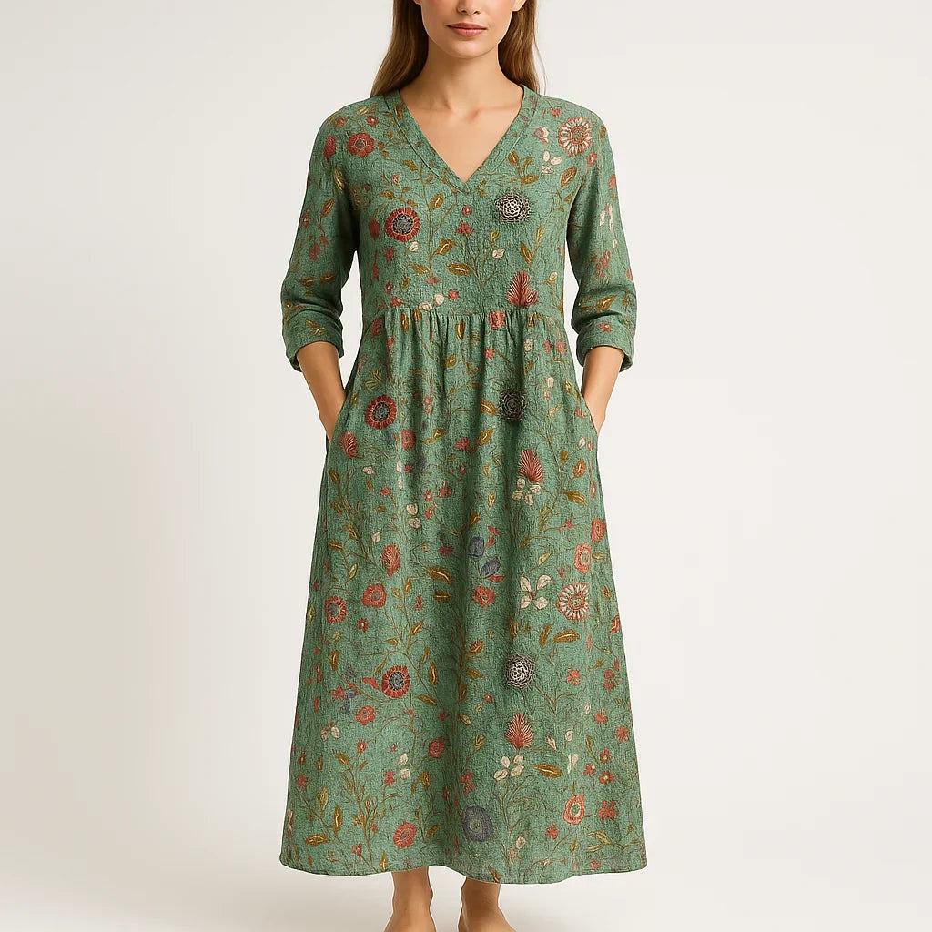 Dames floral groene katoenen maxi jurk - elegante en bohemian stijl met 3/4 mouwen en levendige bloemenprint