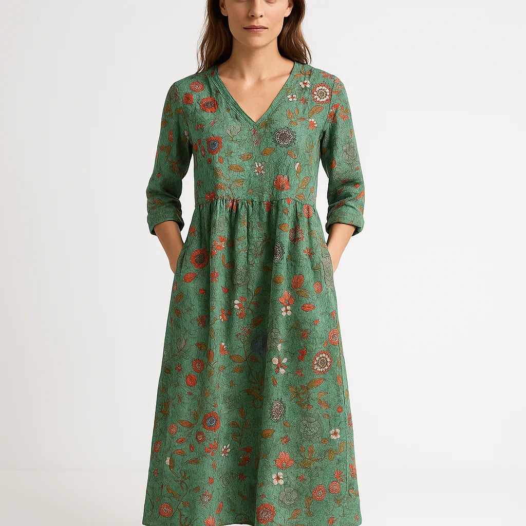 Dames floral groene katoenen maxi jurk - elegante en bohemian stijl met 3/4 mouwen en levendige bloemenprint