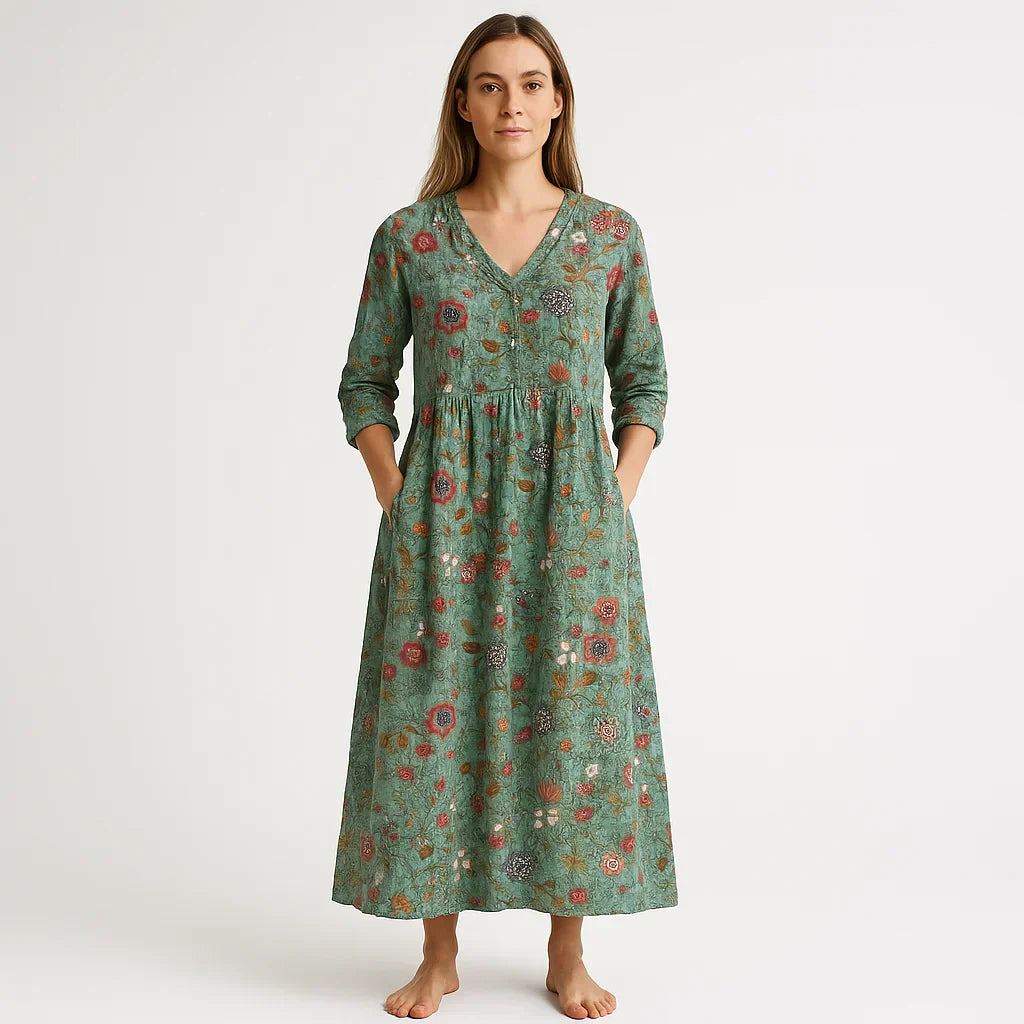 Dames floral groene katoenen maxi jurk - elegante en bohemian stijl met 3/4 mouwen en levendige bloemenprint