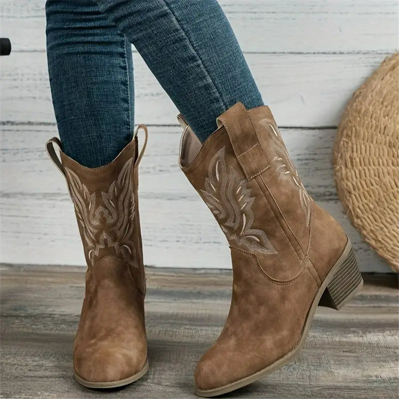 Camel cowboylaarzen - dames geborduurde enkelboots met blokhak