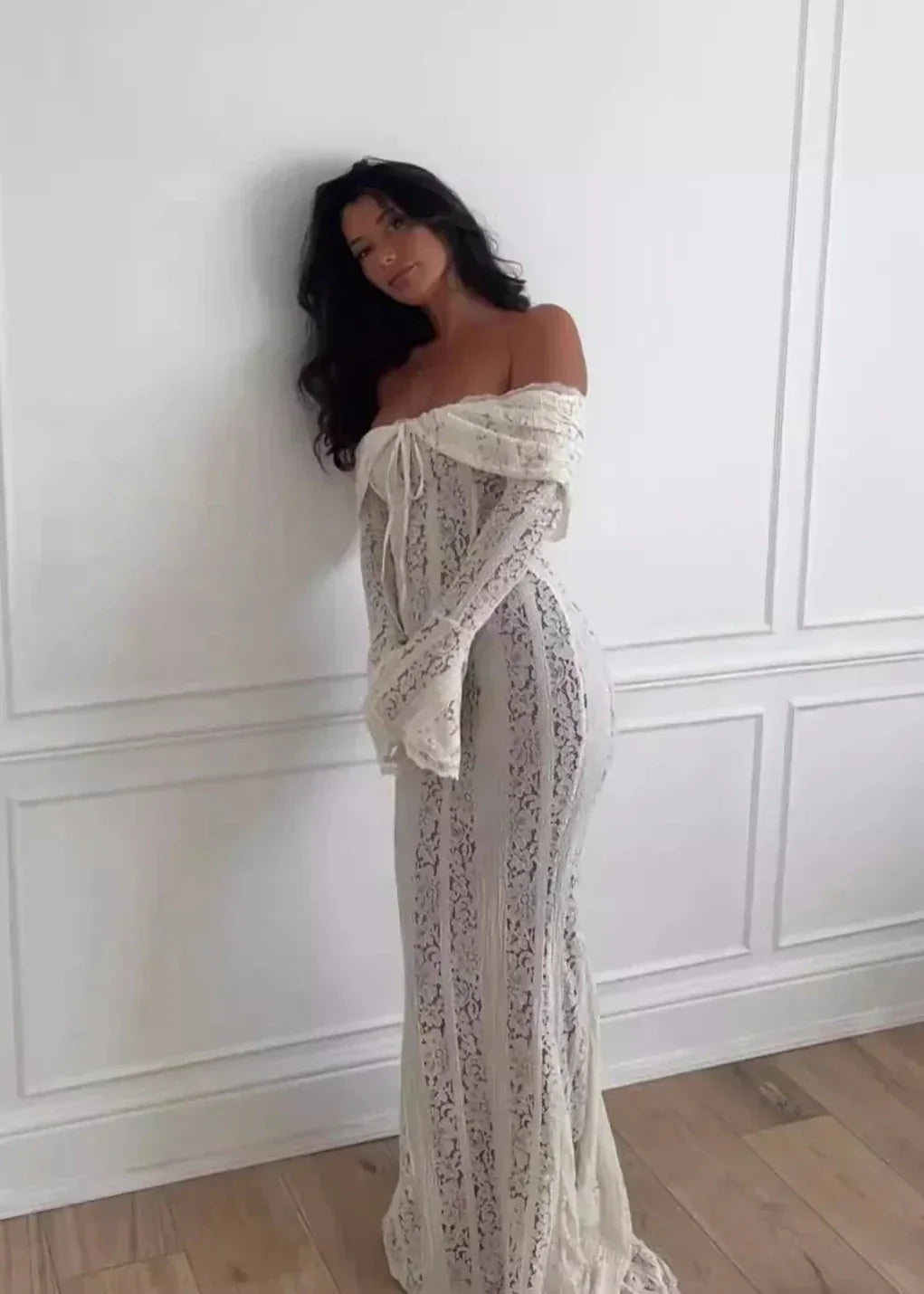 Off-shoulder kanten sheath jurk - charmant abrikoos damesjurk