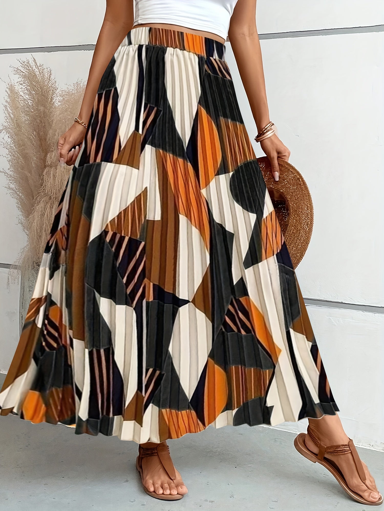 Vrouwen maxi rok met plooien - geometrische print voor casual en avondkleding