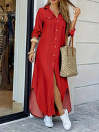 Dames maxi overhemdjurk - elegante lange mouwen met knopen, zachte stof voor veelzijdige casual kleding