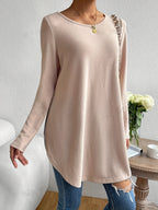 Lichtbeige lange mouwen top - casual dames t-shirt met gebogen zoom