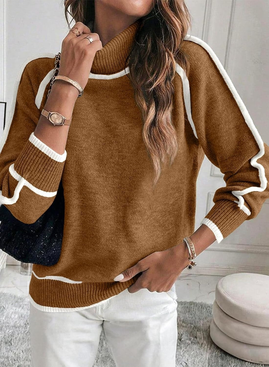 Stijlvolle dames coltrui met contrasterende stiksels - casual oversized sweater - Bakkermode.nl