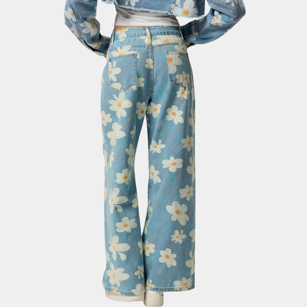 Blauwe denim damesbroek - wijde bloemenjeans