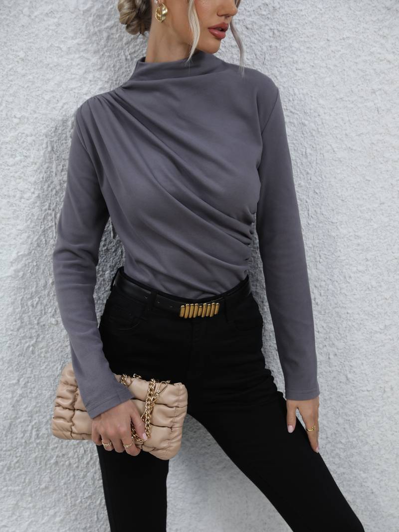 Chic grijze gedrapeerde top - casual dames blouse met lange mouwen