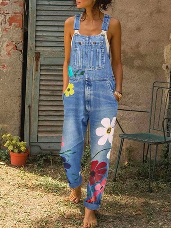 Dames denim overalls met bloemenprint - stijlvolle casual overall met zakken voor dagelijks gebruik