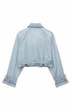 Denim bikers jacket - blauwe dames denimjas in een modern cropped model
