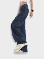 Dames cargobroek met zakken - blauwe wijde pijpen voor casual outfits - veelzijdige denim