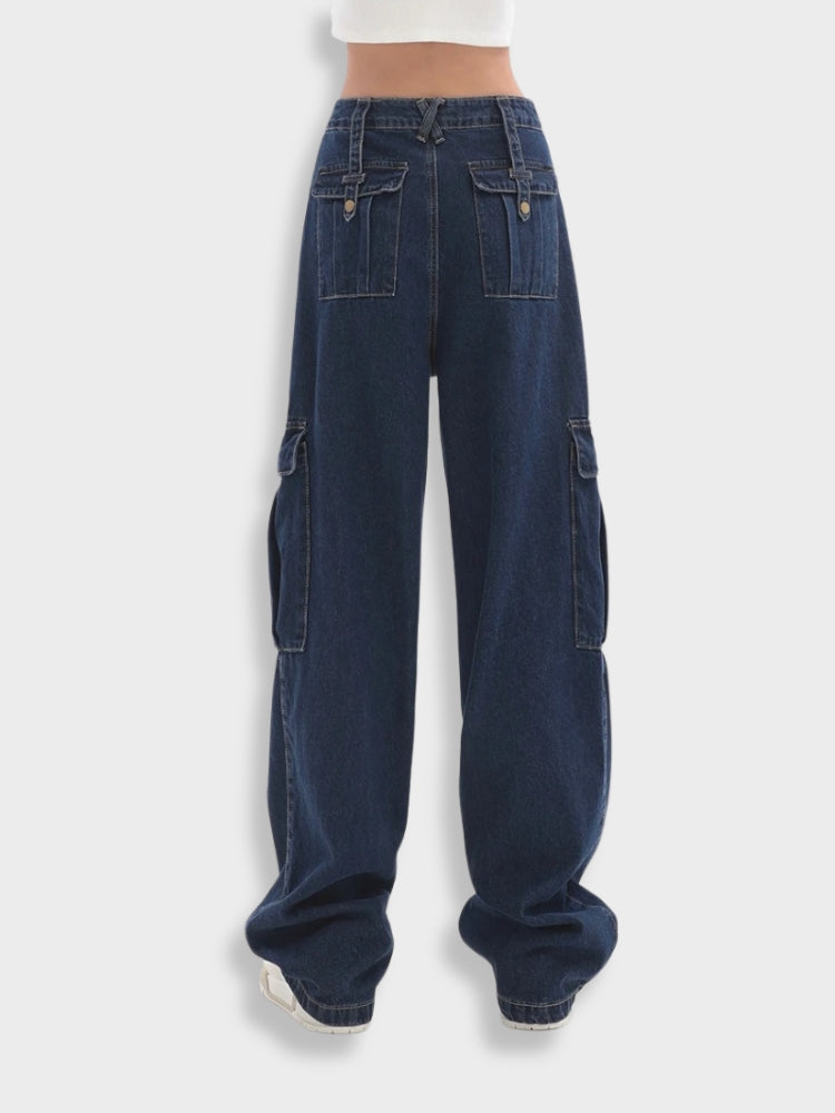 Dames cargobroek met zakken - blauwe wijde pijpen voor casual outfits - veelzijdige denim