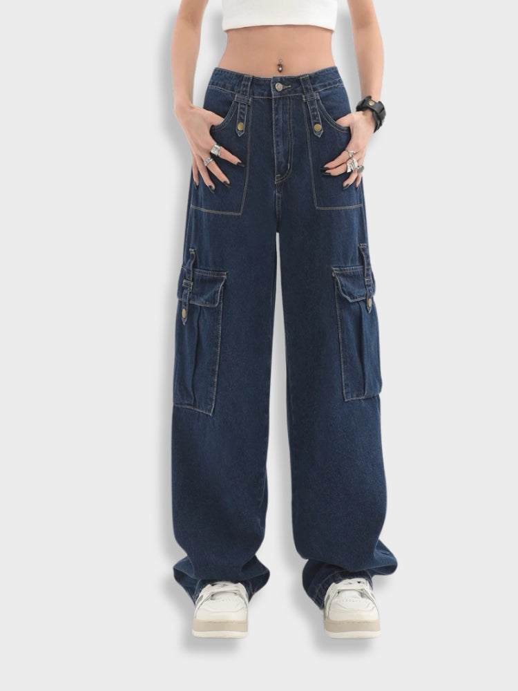 Dames cargobroek met zakken - blauwe wijde pijpen voor casual outfits - veelzijdige denim
