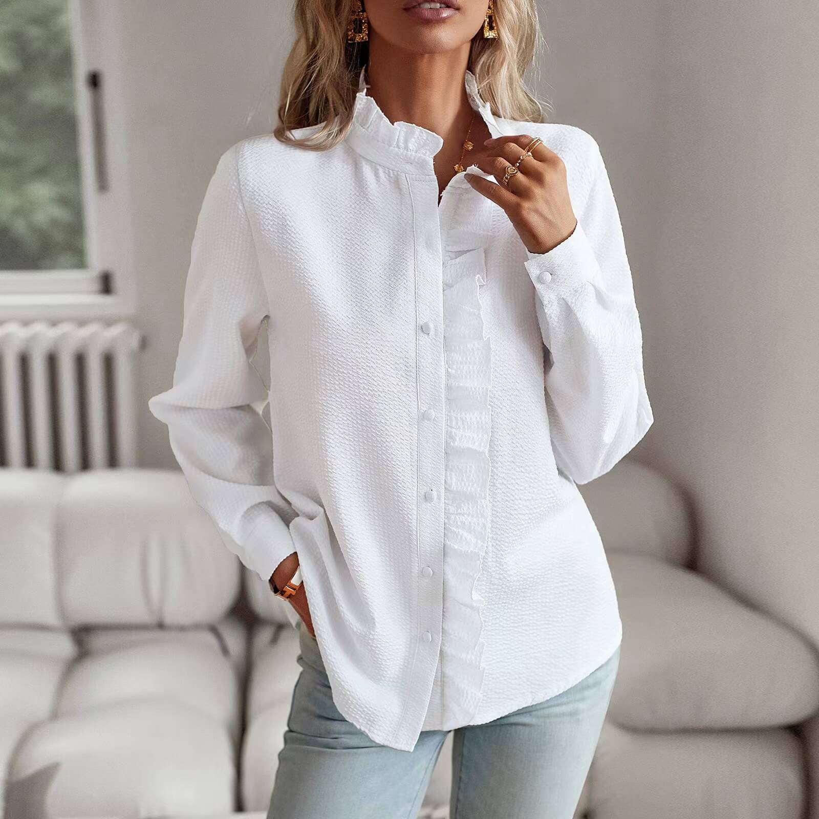Dames casual blouse met ruches - stijlvolle lichtgewicht button-up top voor diverse gelegenheden