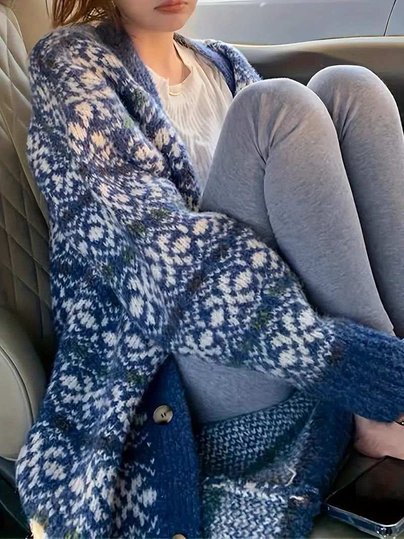 Blauwe lange gebreide cardigan - trendy oversized damestrui - Bakkermode.nl