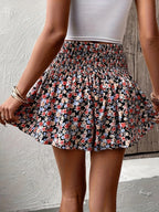 Florale mini rok - kastanjebruine dames rok met ruffle zoom