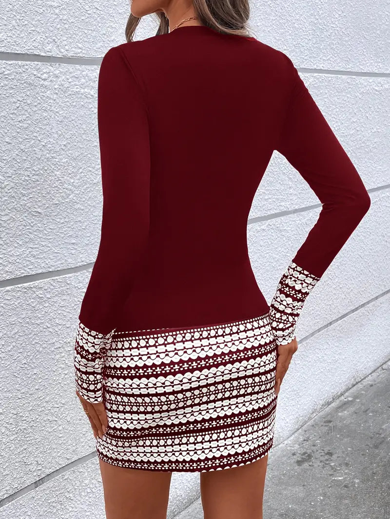Bodycon jurk - elegante damesjurk met lange mouwen en een patterned zoom
