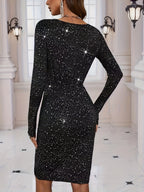 Vrouwelijke avondjurk elegante zwarte sprankelende v-hals lange mouwen - chique avondkleding voor speciale gelegenheden