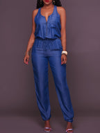 Denim jumpsuit met rits en elastische taille - stijlvolle dames playsuit
