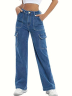 Dames cargo broek hoge taille denim jeans in blauw - casual wijde pijpen voor elke dag
