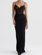 Maxi jurk met kanten bovenstuk - verfijnde zwarte avondjurk voor dames
