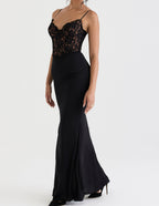 Maxi jurk met kanten bovenstuk - verfijnde zwarte avondjurk voor dames