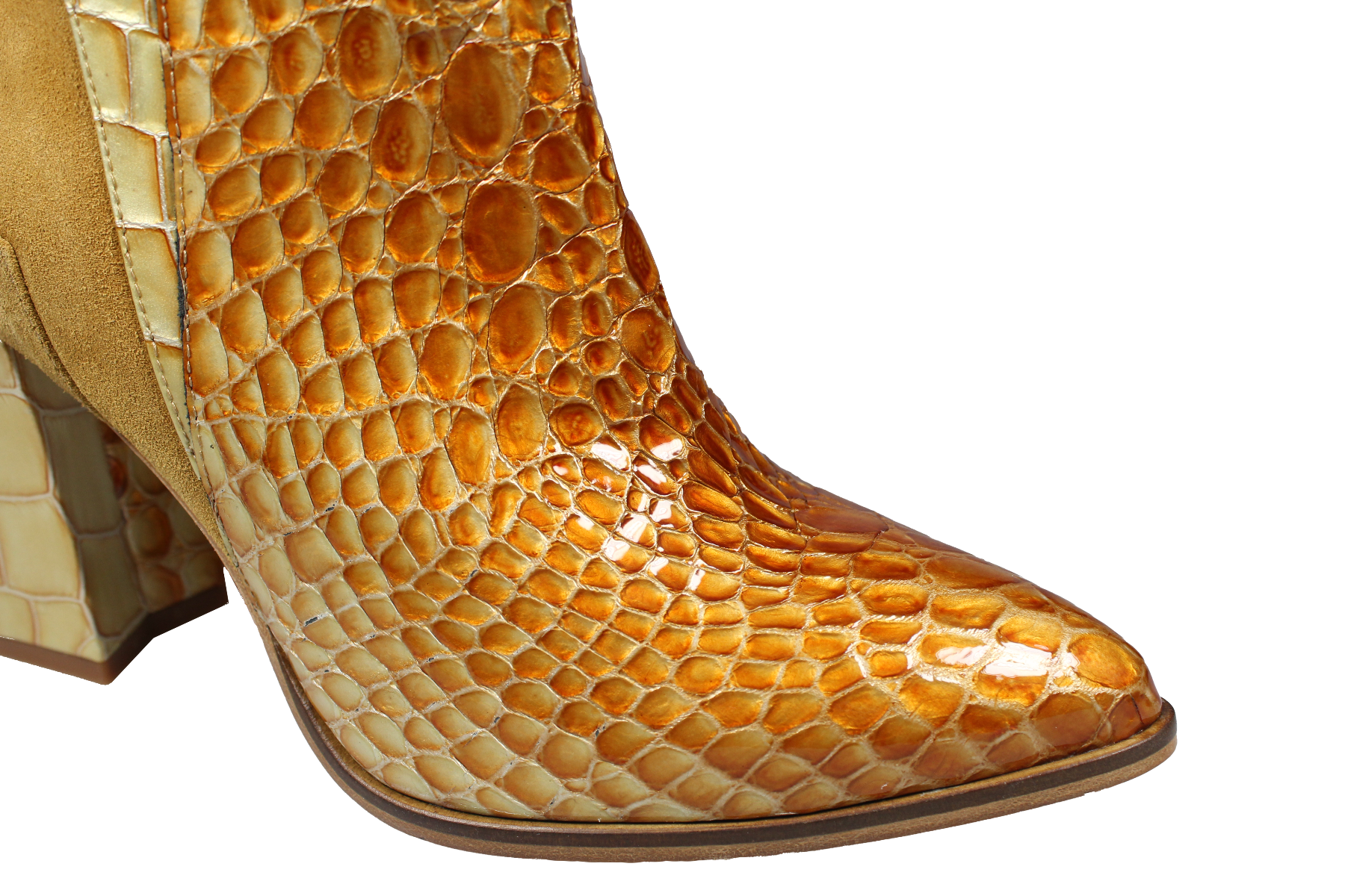 Hoge hak enkellaarsjes - onberispelijke slangenprint suède dames laarzen in goud