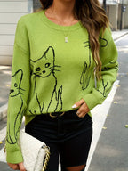 Kattenprint trui - stijlvolle groene damespullover - Bakkermode.nl